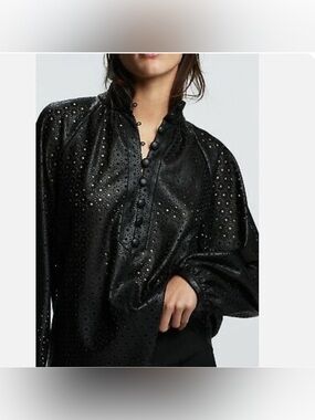 Zara Black Button Down Floral Faux Leather Long Sleeves Oversized Blouse Top XL